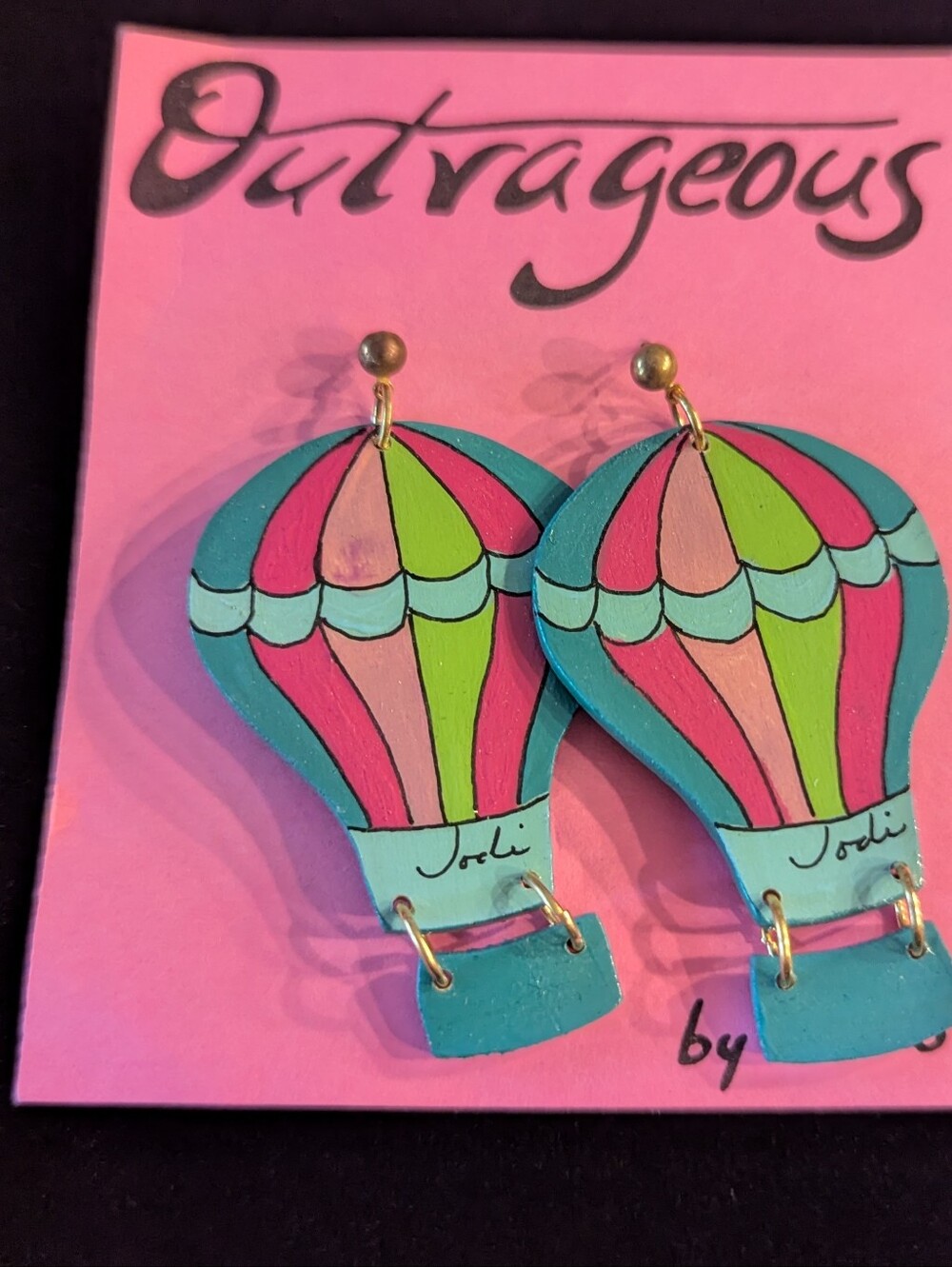 VINTAGE Outrageous by Jodi Hand-Painted Hot Air Balloon Dangle Earrings